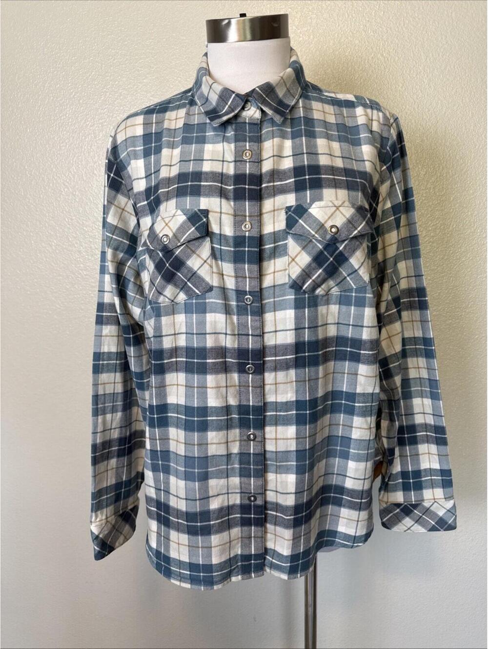Kuhl Shirt Womens XL Teal Blue Flannel Plaid Snap Front Relaxed Fit